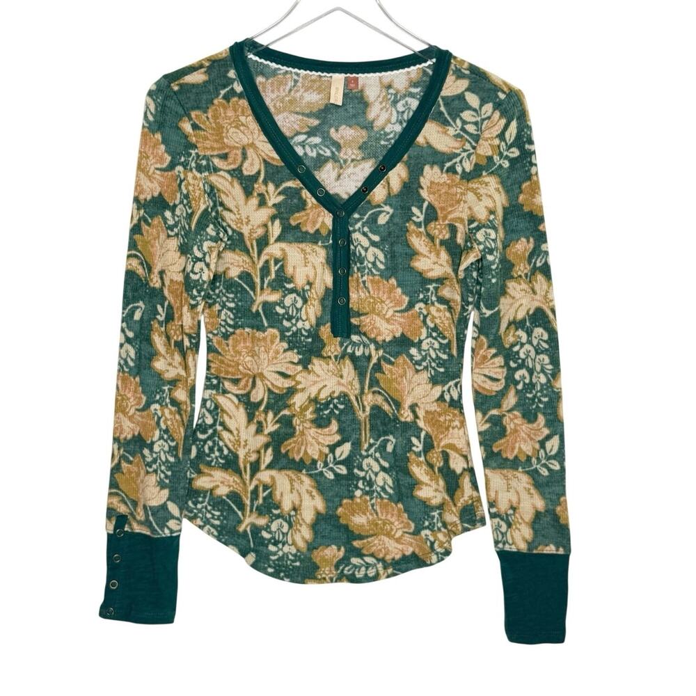 Anthropologie Pilcro Waffle Henley Top S Green Tan Floral Thermal Boho Botanical